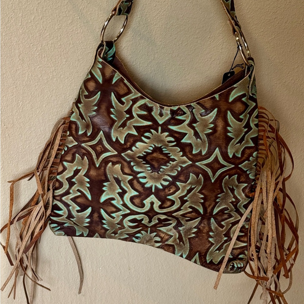Brown and Green Patterned Fringe Women's Bag